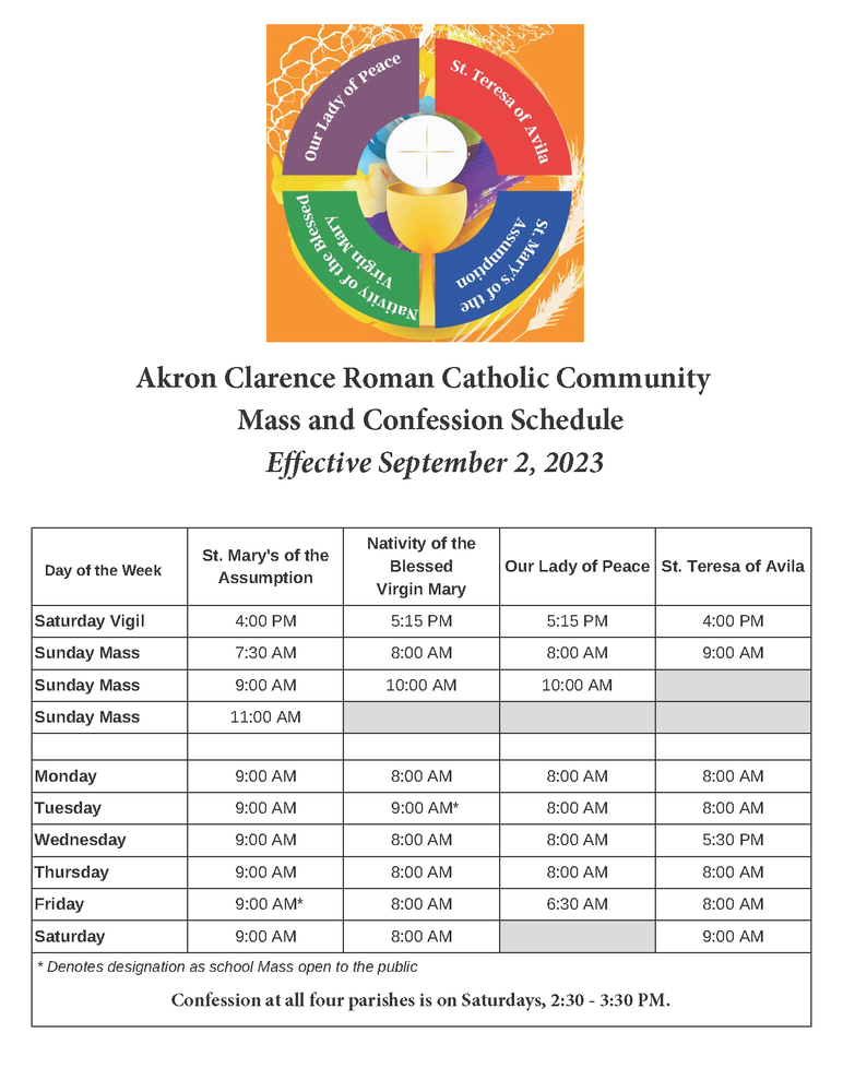 table with Mass times 