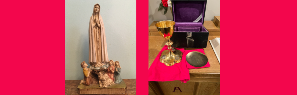our lady of fatima statue and chalice with paten