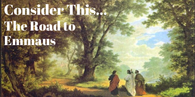 Jesus walking with 2 men, "The Road to Emmaus"