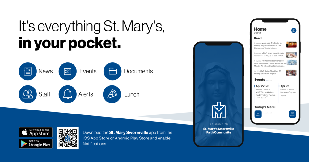 Buttons and screen shot of St. Mary's App