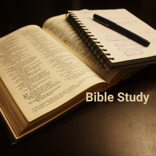 Photo of Bible, notebook and pen, "Bible Study"