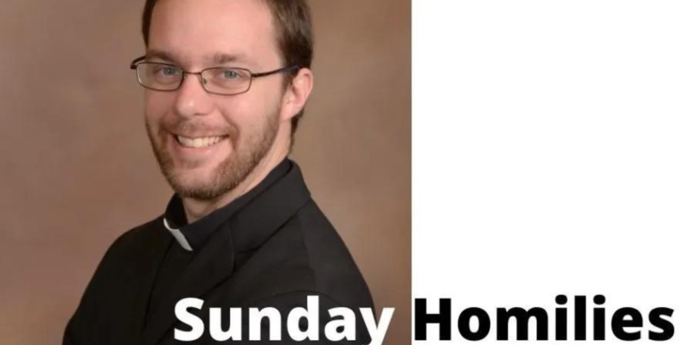 Fr. Luke Uebler smiling with the caption "Sunday Homilies"