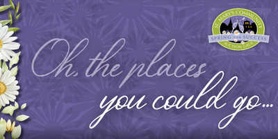 "Oh the places you could go" on purple with white daisies