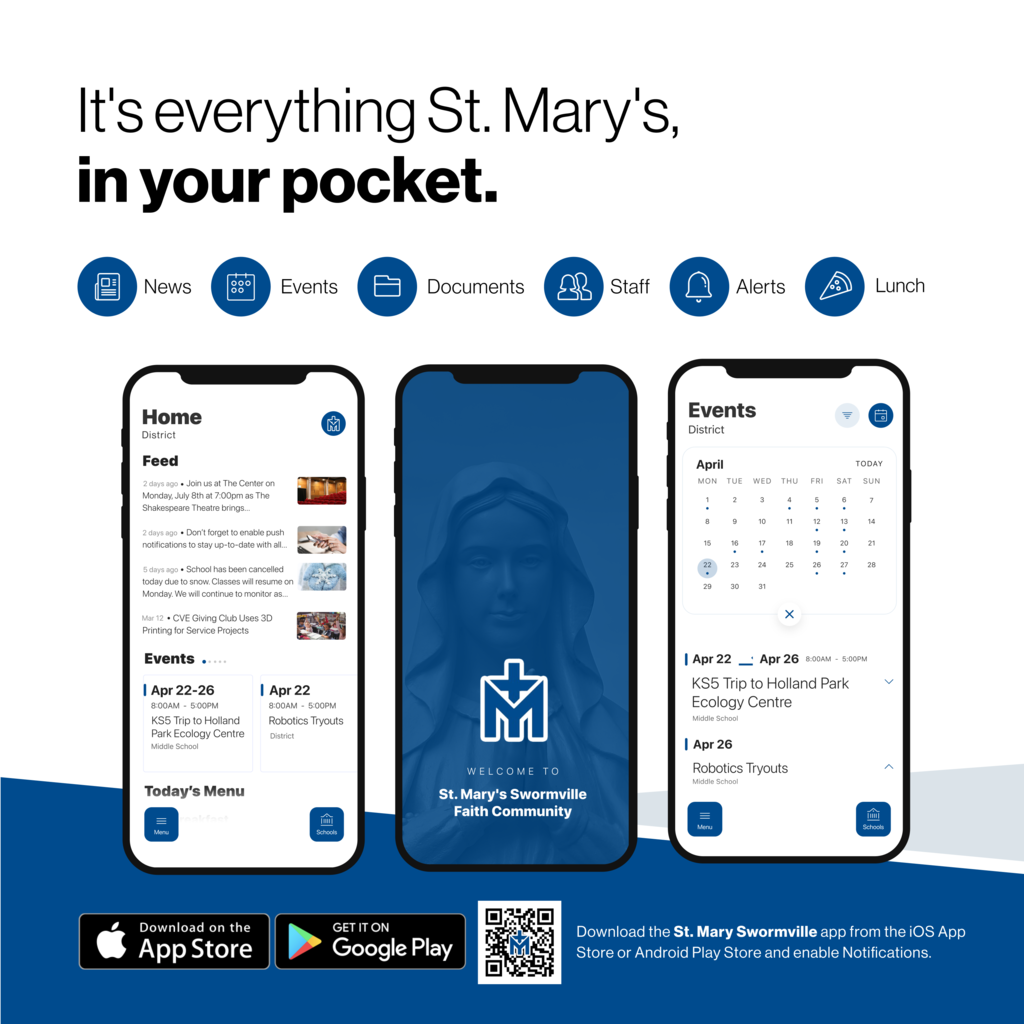 Screenshots of St. MAry's live feed, homepage and calendar page on the app